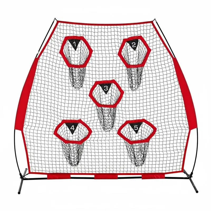 Filet d'entraînement de football 7 x 7 pieds, filet de pratique de lancer avec 5 poches cibles, filet sans nœuds avec sangles et sac de transport portable, améliore la précision des lancers du QB, rouge