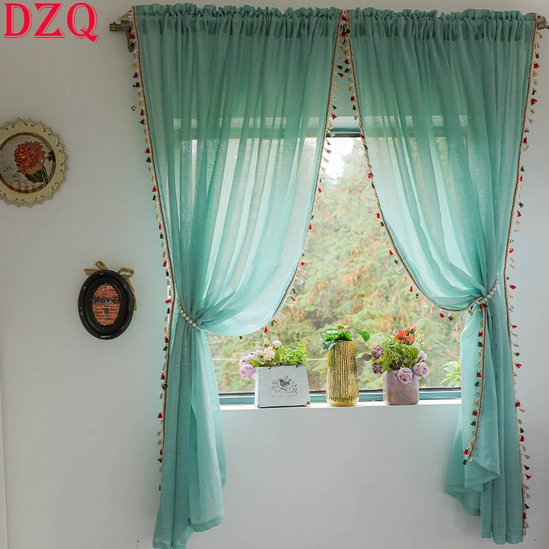 

100*150 French Retro Light-transmitting Linen Door Curtain Kitchen Balcony Bedroom Partition Side Tassel Half Curtain #A078