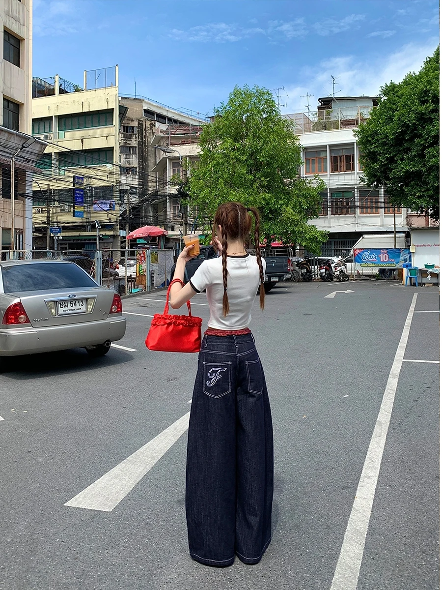 

Темно-синие широкие джинсы с вышивкой, женские свободные повседневные джинсовые брюки с высокой талией, всесезонные модные брюки для молодых дам