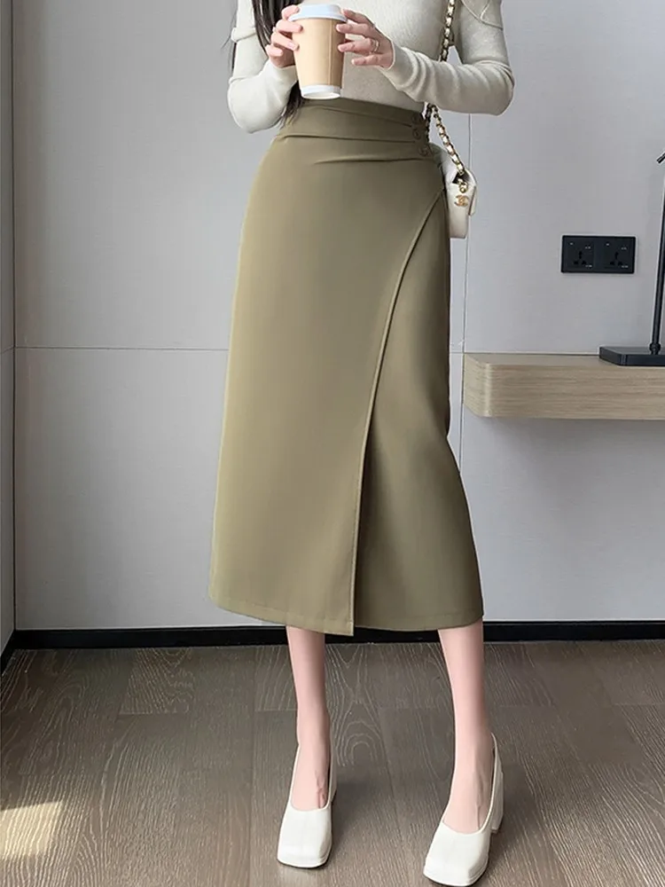 

High Waist Pencil Skirt Women New 2023 Autumn Korean Style Solid Color All-match Slim Office Lady Elegant Long Skirts W1373