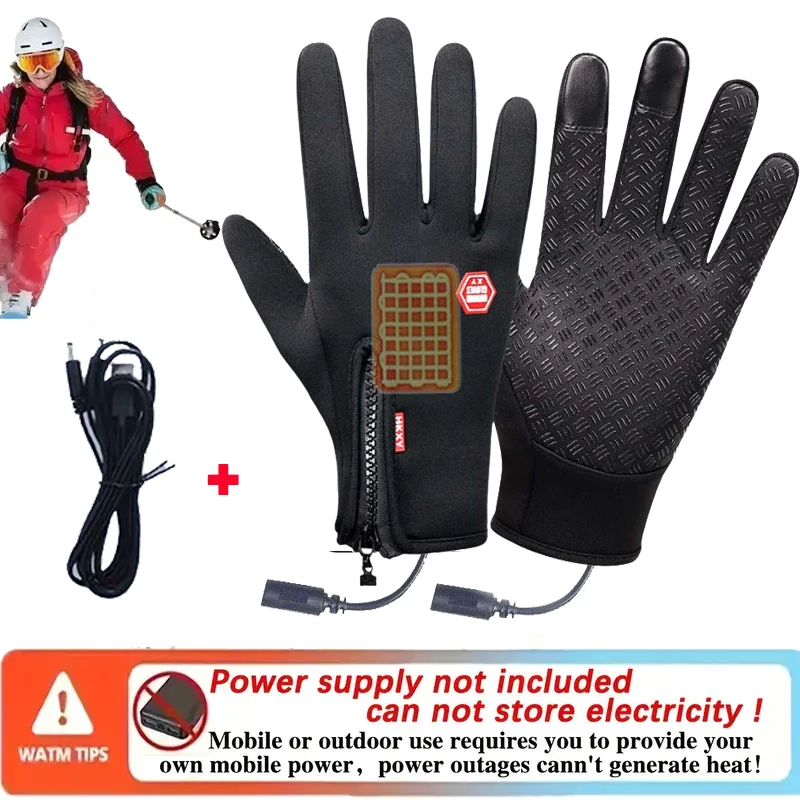 USB Electric Heating Touchscreen Gloves Winter Warm Men Women Plug-in Gloves Waterproof Snowboard Motorcycle Riding Zipper Glove