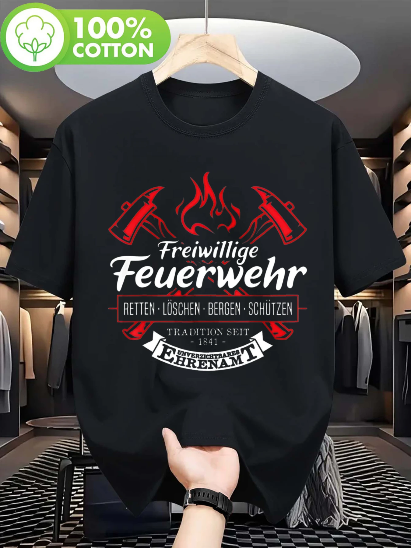 Men's German Firefighter T-Shirt with Feuerwehr Insignia & Fire Axe Design Loose Fit Breathable Short Sleeve Black Men's T-Shirt