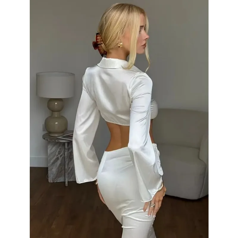 

Laxsesu атласная металлическая макси-юбка, комплект из 2 предметов, женская укороченная рубашка с v-образным вырезом и длинными рукавами, прямая юбка, облегающий наряд, уличная одежда