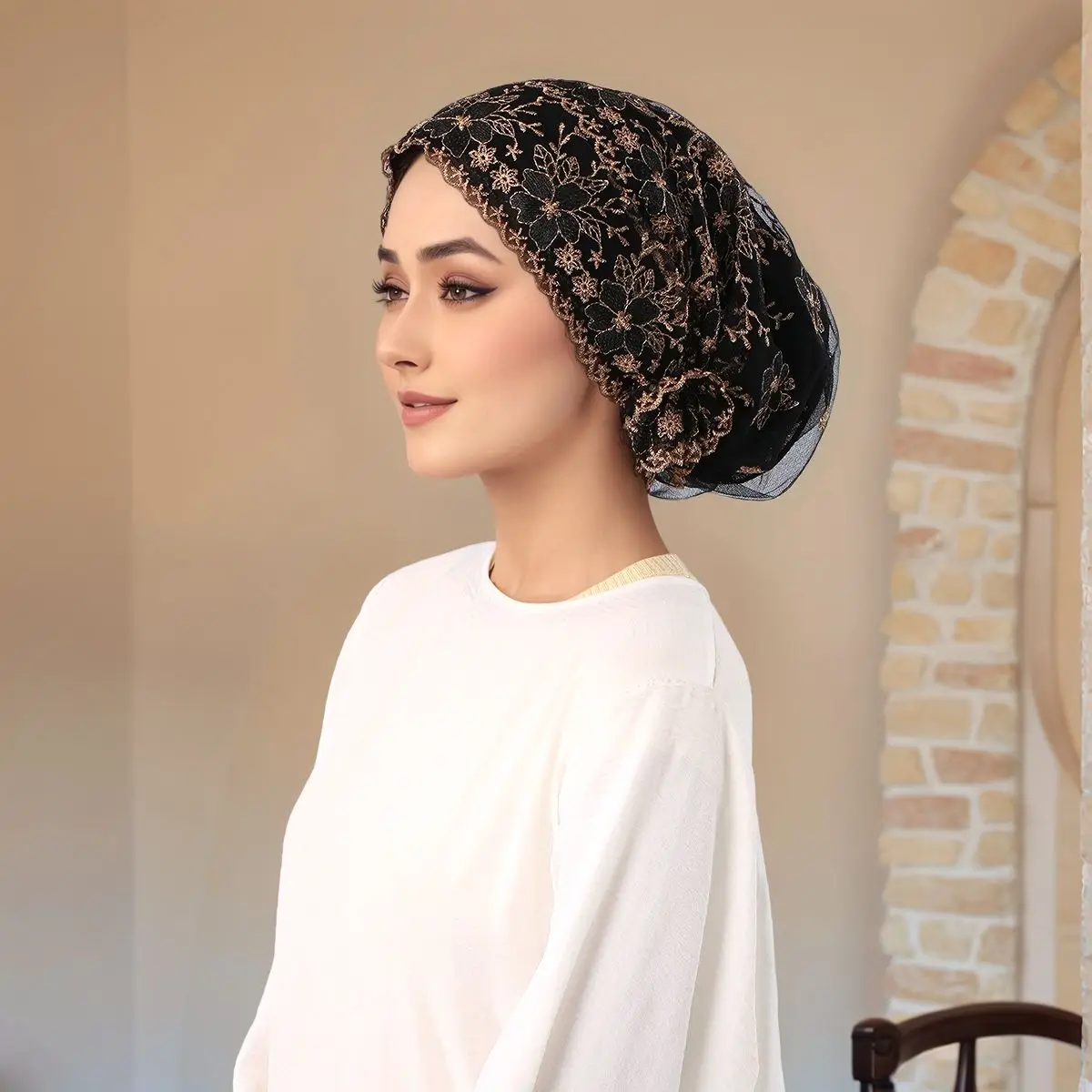 Floral Embroidery Hijab Muslim Innercap Hats Woman Lace Under Caps Breathable Yarn Turban Premium Luxury Headband Bandana
