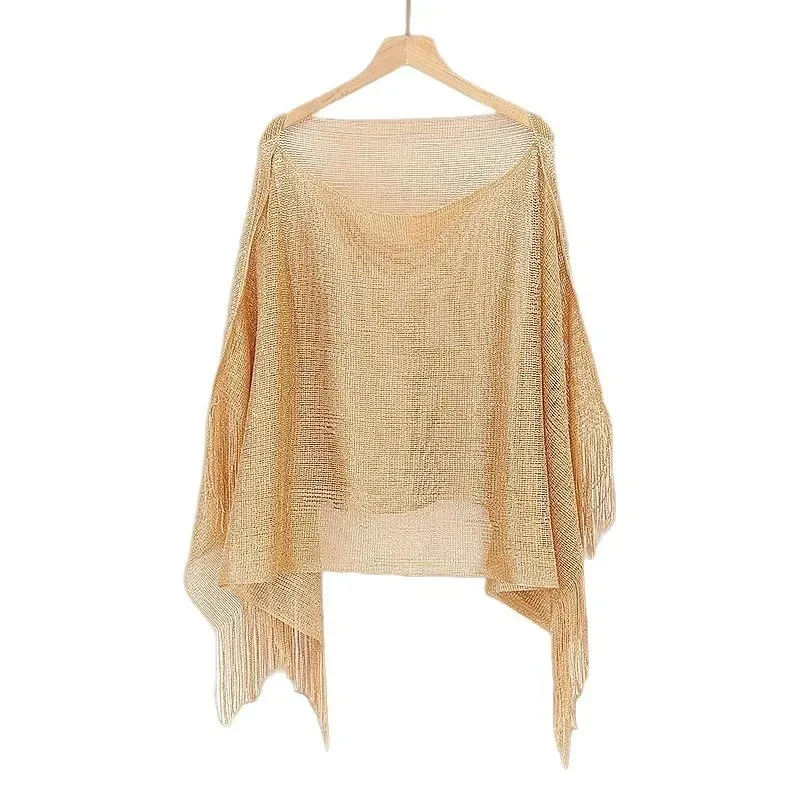 슬리브 비치 선스크린 셔츠 골드 및 실버 스레드 와이드 레그 휴가 비키니 커버업 루즈핏 비치 숄 오픈 프론트 디자인