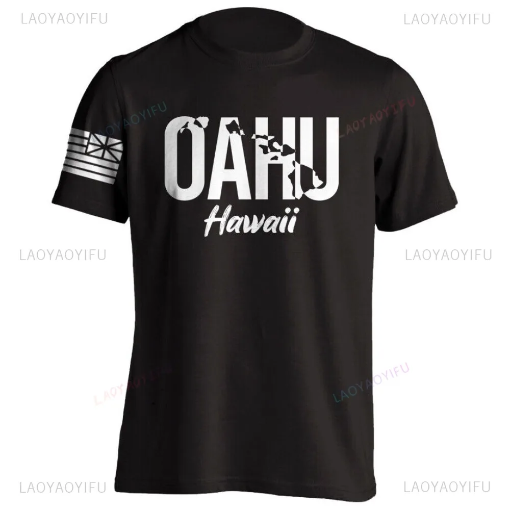 Novelty Hawaiian Style Men's Tshirt Oahu Hawaii Islands with Flag Short-Sleeve Unisex Tee Aloha High Quality Outdoor Cotton Tops