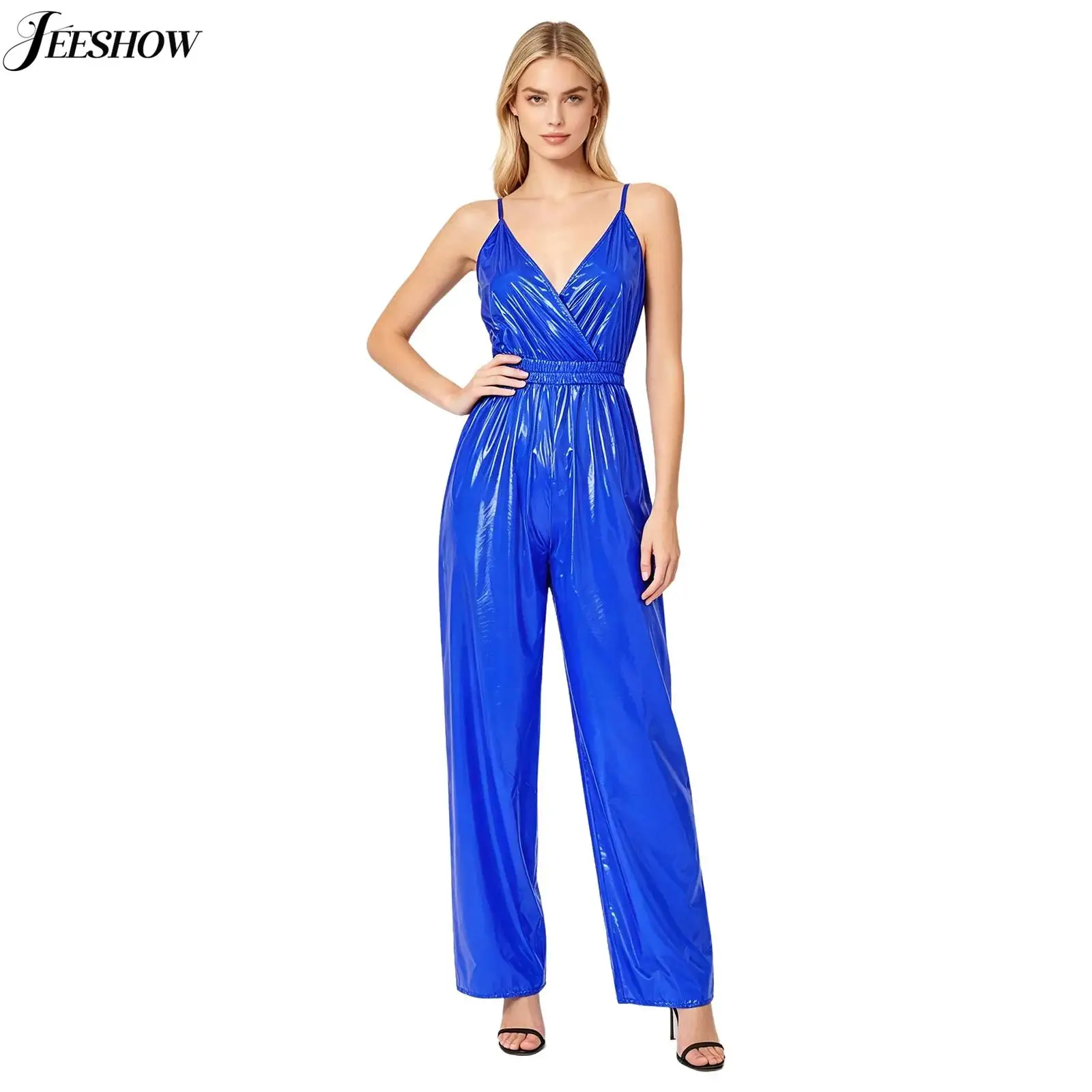 Womens Shiny Waterproof Jumpsuit Spaghetti Straps Wrap V Meck Elastic Waist Wide-Leg Rompers One Piece Cocktail Party Clubwear