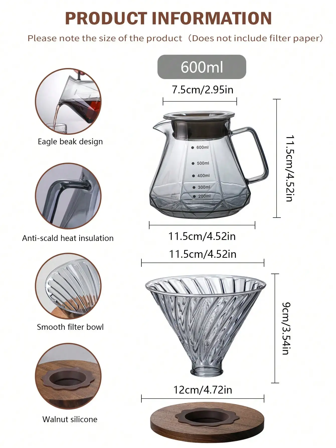 Leeseph Pour Over Coffee Maker with Dripper High Borosilicate Glass Coffee Pot Hand Drip Sharing Pot Filter Funnel Portable