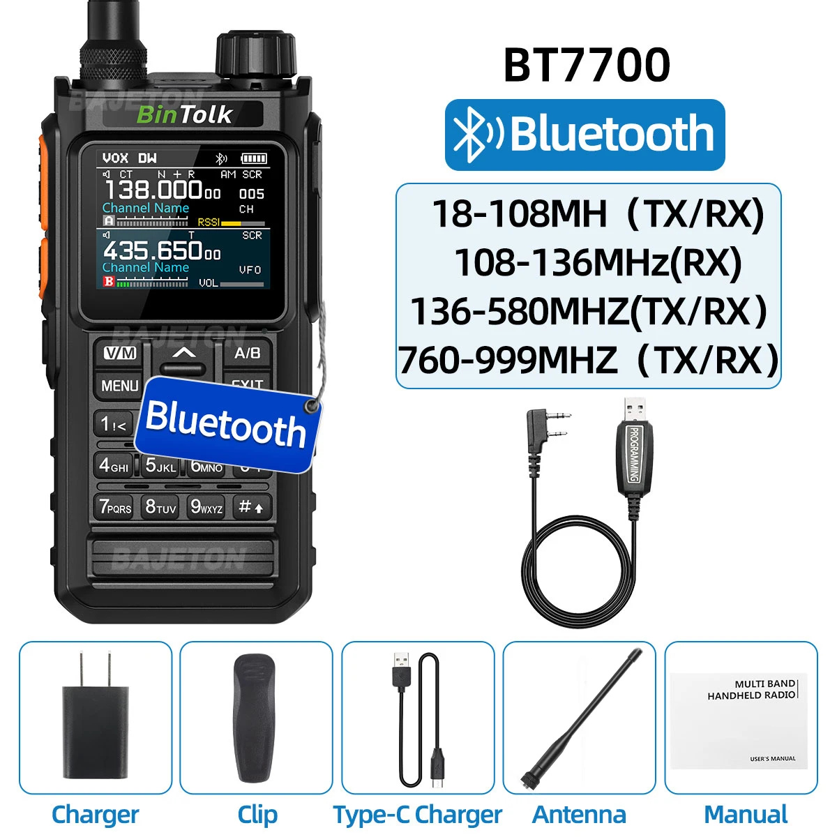 BinTolk BT7700 Walkie Talkie Multi Band Draadloze Bluetooth Telefoon Programmering Ruisonderdrukking AM FM Ham Radio Voor Camping BT8200