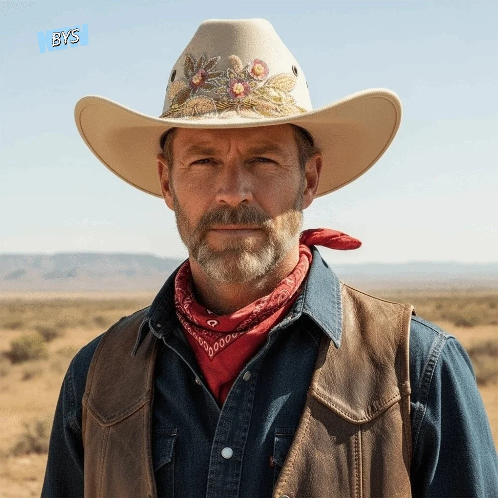 

Wide Brim Western Cowboy Cap Woolen Sequins Cowgirls Visor Cap Breathable Lightweight Tibetan Hat Horseback Riding