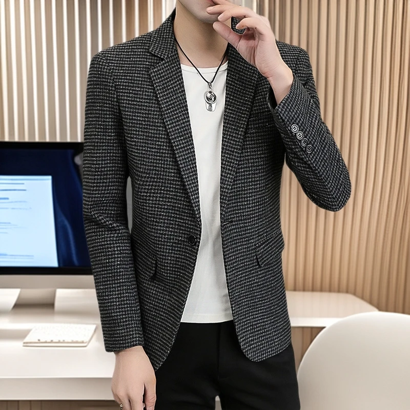 

New Men Suits Fashion Checkered Casual Blazer Korean Style Slim Fit Jacket Blazer Masculino Veludo Blazer Verde Hombre FS-256