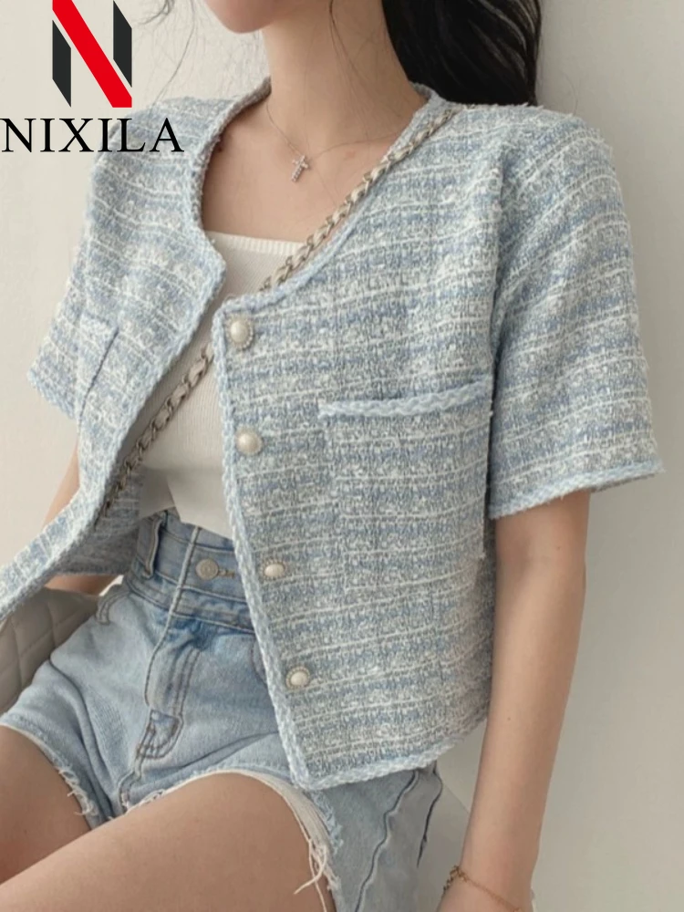 Spring Summer Women Jacket Korean Fashion Short Sleeve Coats Pearl Buckle Round Cardigan French Tweed Tops for Women Clothing