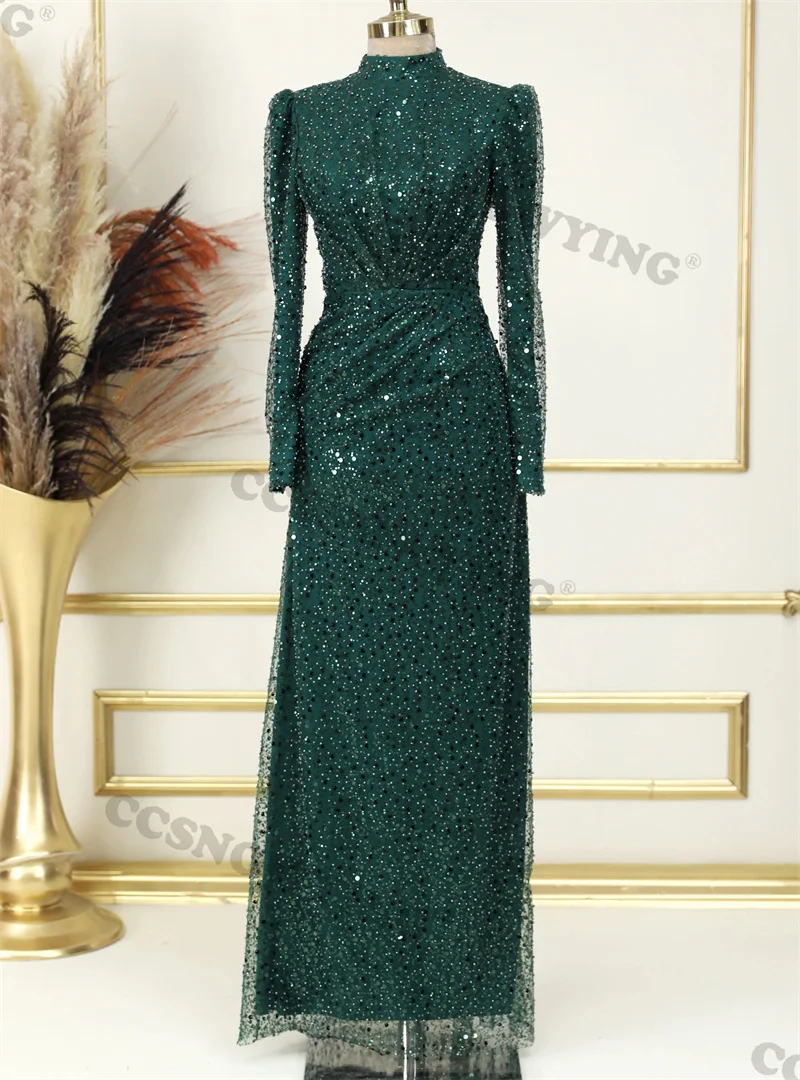 

Green Sequin Beaded Muslim Evening Dress Islamic Full Sleeve Hijab Prom Formal Party Gown Women Arabic Dubai Robe De Soiree