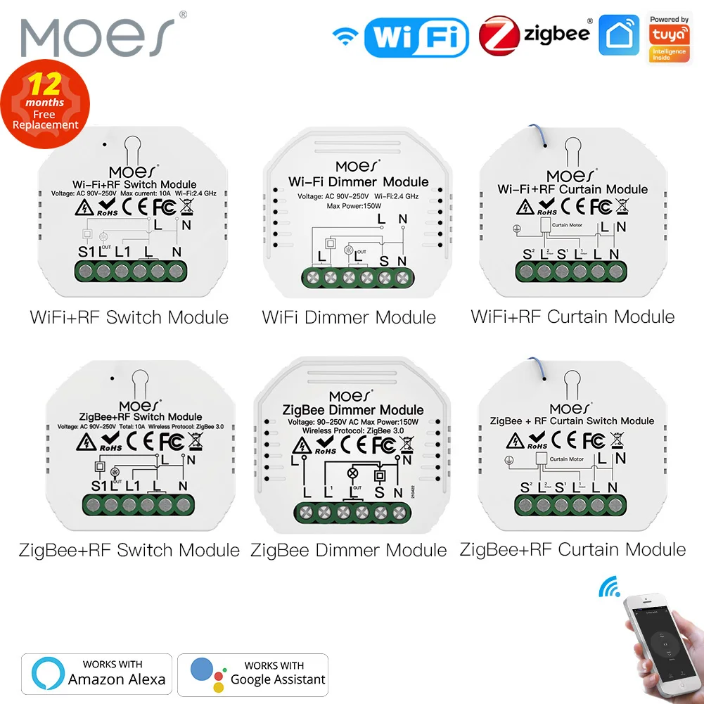 Умный модуль переключателя MOES ZigBee с Wi-Fi, диммер для занавесок, дистанционное управление с помощью приложения Smart Life, Alexa Google Home, Голосовое управление