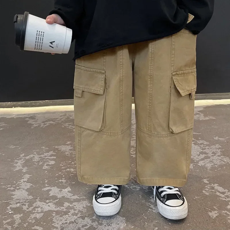 

New 2025 Boys Vintage Cargo Pants Child Casual Solid Straight Long Trousers Kids Spring Autumn Fashion Clothing for 2-8 Years