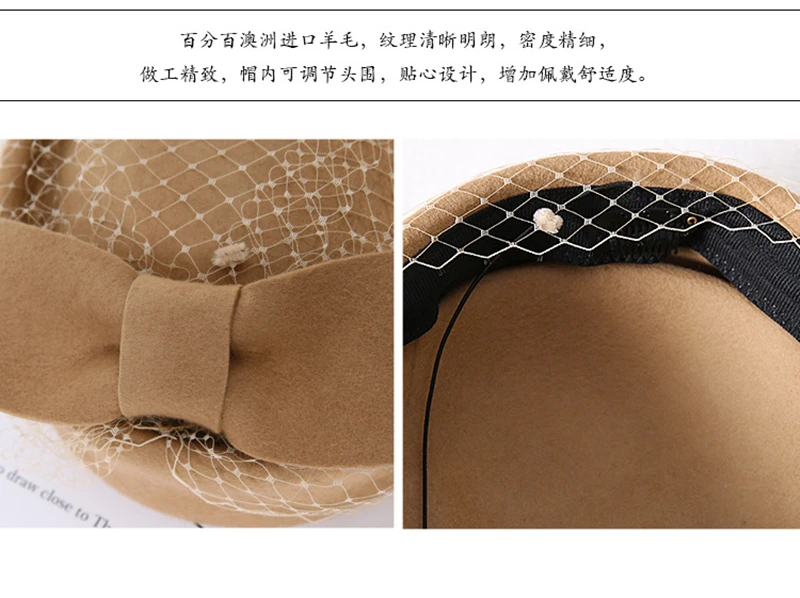 Women Wool Bow Hat with Veil, Cashmere Stewardess Cap for Winter,Celebrity Style Party Wedding Fascinator Hat for Women Ladies