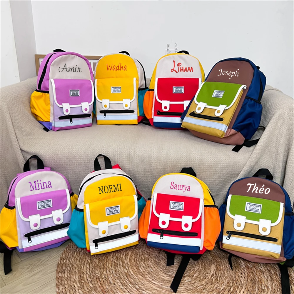 New Contrasting Color Kindergarten Backpack Personalized Name Children\'s Fashionable Simple Schoolbag Outdoor Travel Backpacks