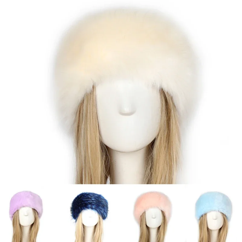 

2023 Colorful Female Thicken Fluffy Fur Hat Headband Russian Caps Thick Warm Ears Women Winter Fashion Bomber Hat Faux Fur Caps