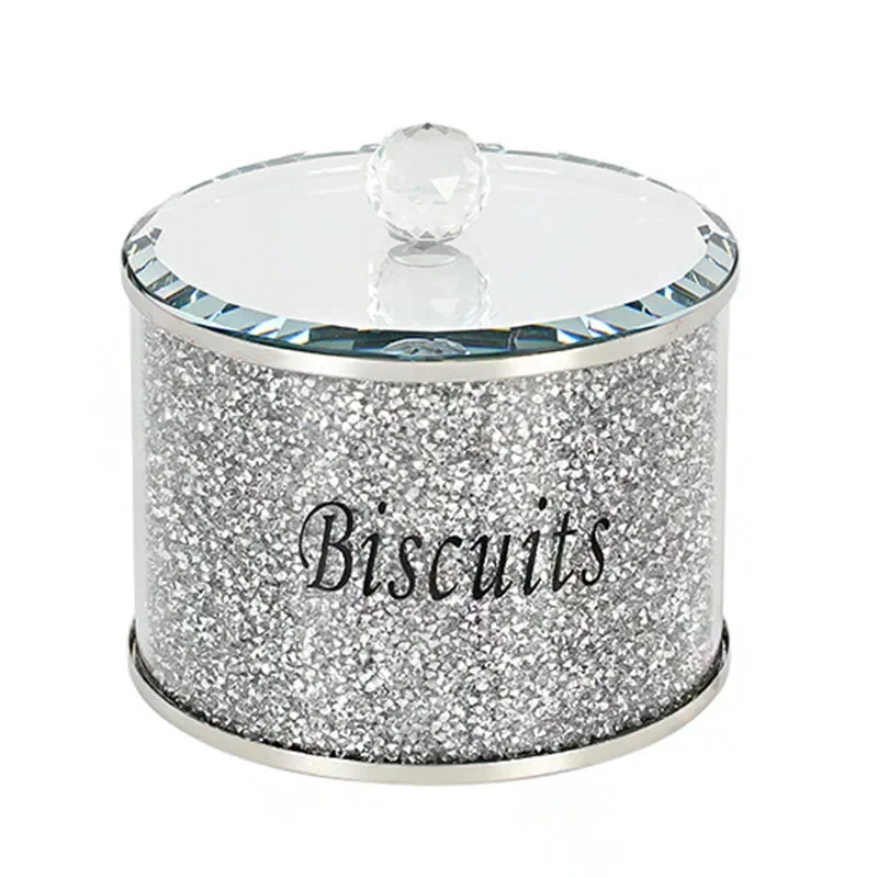 

Silver Diamond Crushed Biscuit Canister Jar Tin Kitchen Storage Silver Trimmings Crystal Filled for Wedding Home Decoration