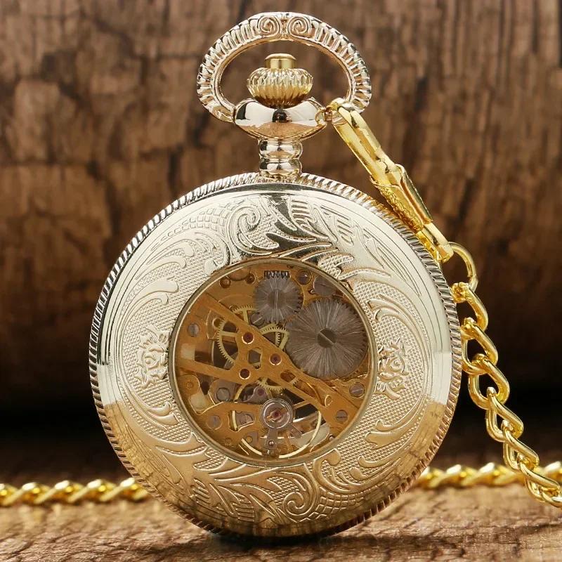 Luxury Golden Hollow Flower Case Roman Number Dial Men Women Skeleton Manual Mechanical Pocket Watch with FOB Pendant Chain