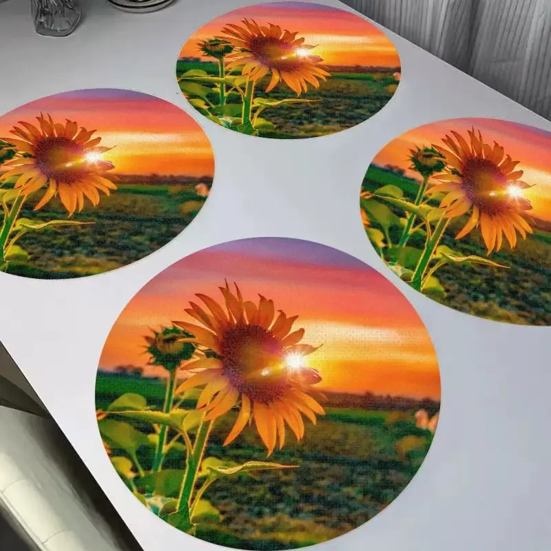 VIKAMA Retro American Blue Bottom Sunflower Flower Round Linen Table Mat Insulation Washable Table Mat Table Decoration