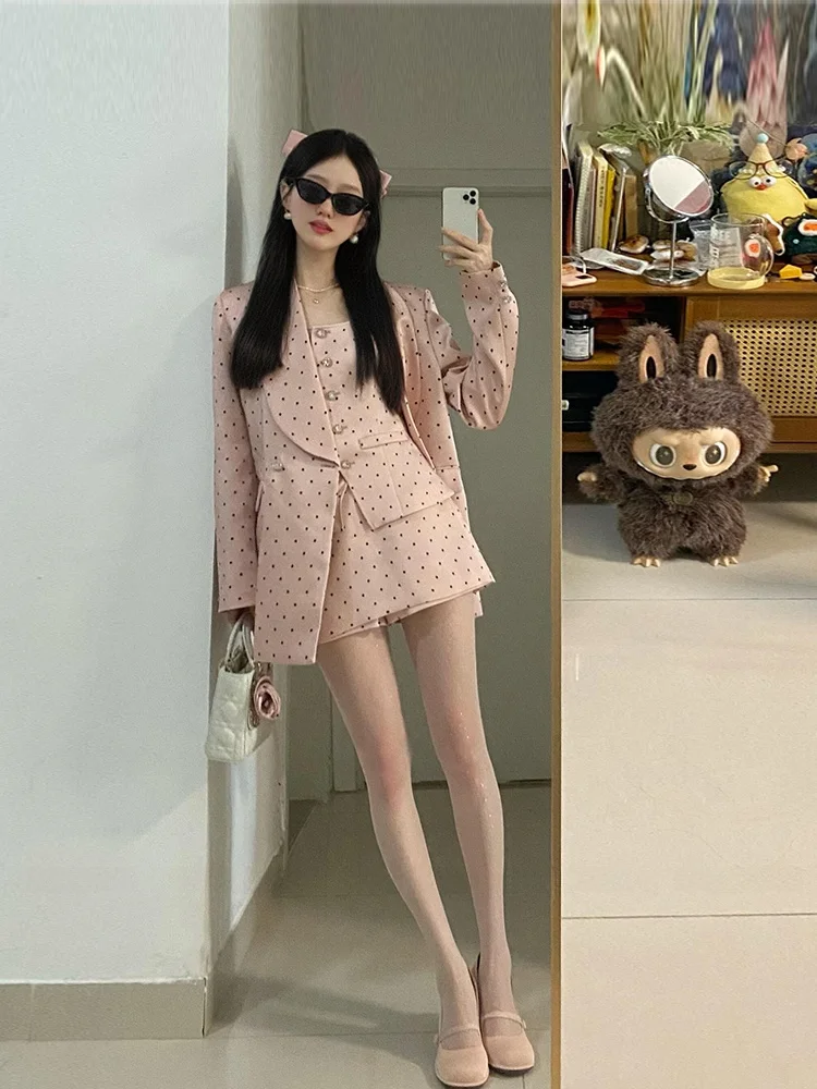 

XZY Chic plus Size Women's Fashion Set Pink Polka Dot Jacket And A-Line Skirt Autumn Slimming Ensemble Casual Wear