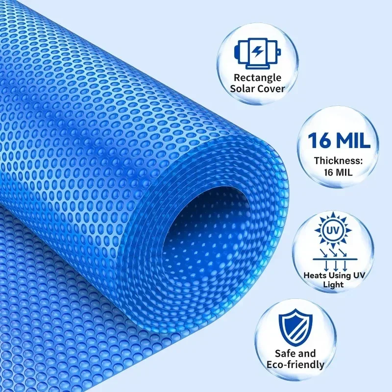 Blue Unedged Non-Perforated Solar Pool Cover 400 Micron Thick, 16 X 32 Foot Rectangle For In-Ground Pools