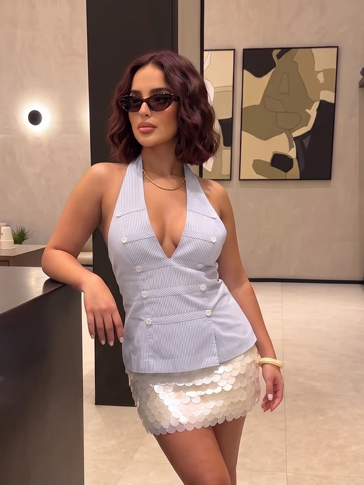 HH Fresh Blue Striped Halter Cropped Tank Top for Women Summer Deep V Double Decor Button Slim Fit Top For Date Casual Office