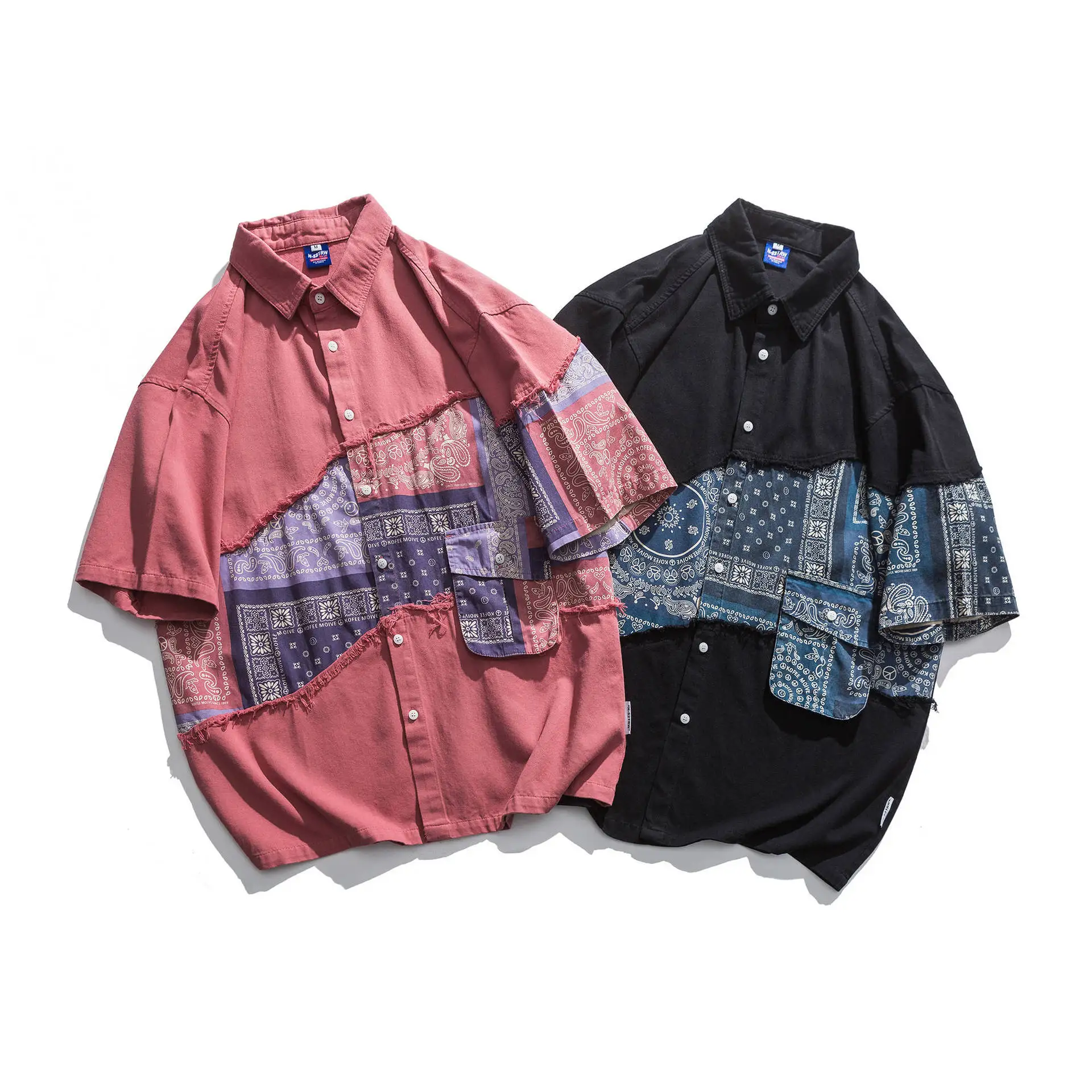 

2022 New Short Sleeved Shirt Men's New Summer Japanese Street Trend Retro Folk Style Patchwork Contrast Loose Couple Shirt