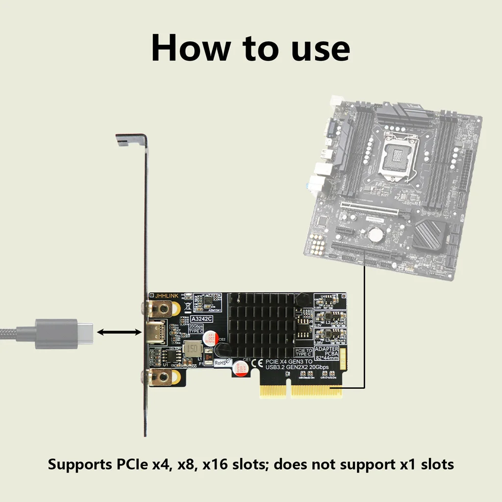 PCIe 3.0 X4 auf USB 3.2 Gen2x2 Typ-C-Erweiterungskarte, 20 Gbit/s-Adapter für externe NVMe-SSDs, kompatibel mit ATX- und SFF-Gehäusen. – Detail 6