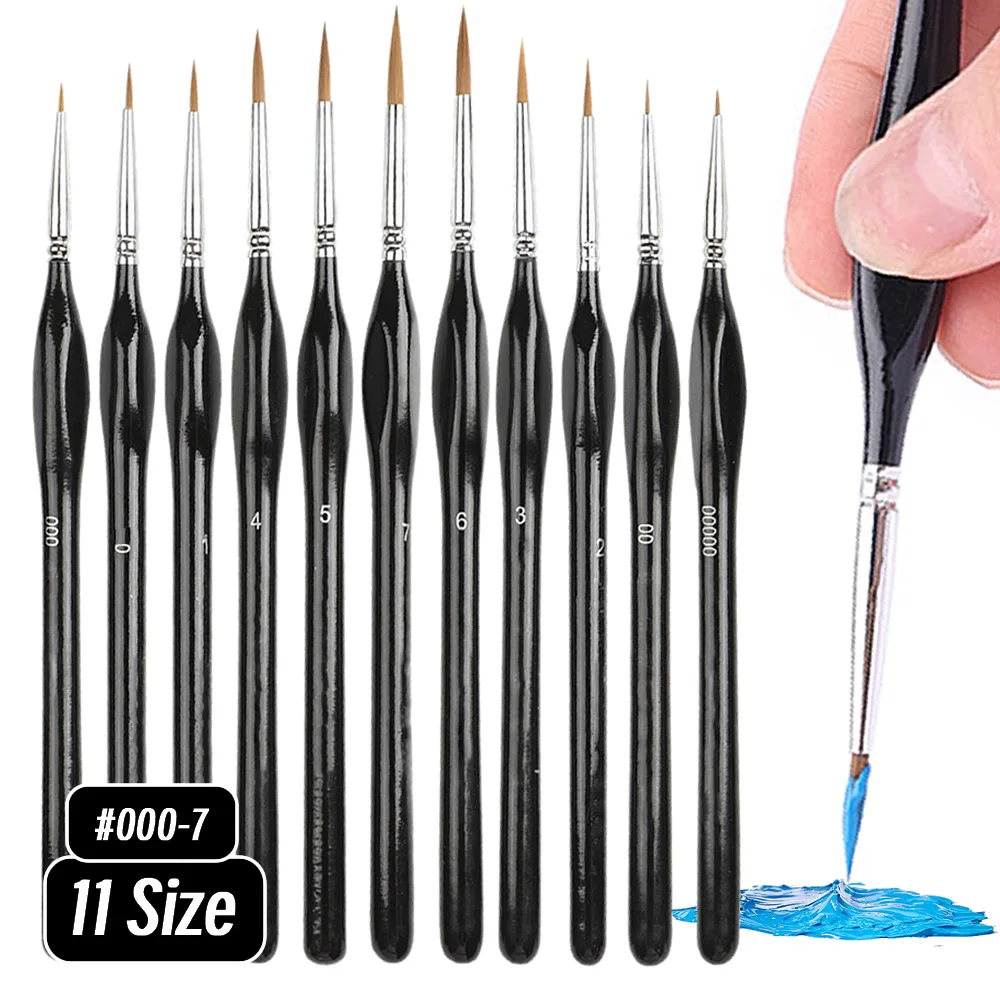 11 Size 00000-7 Fine Black Tip Paint Brush Set for Acrylic Models Mini Miniature Detail Nylon Hair Thin Extra Fine Paintbrushes