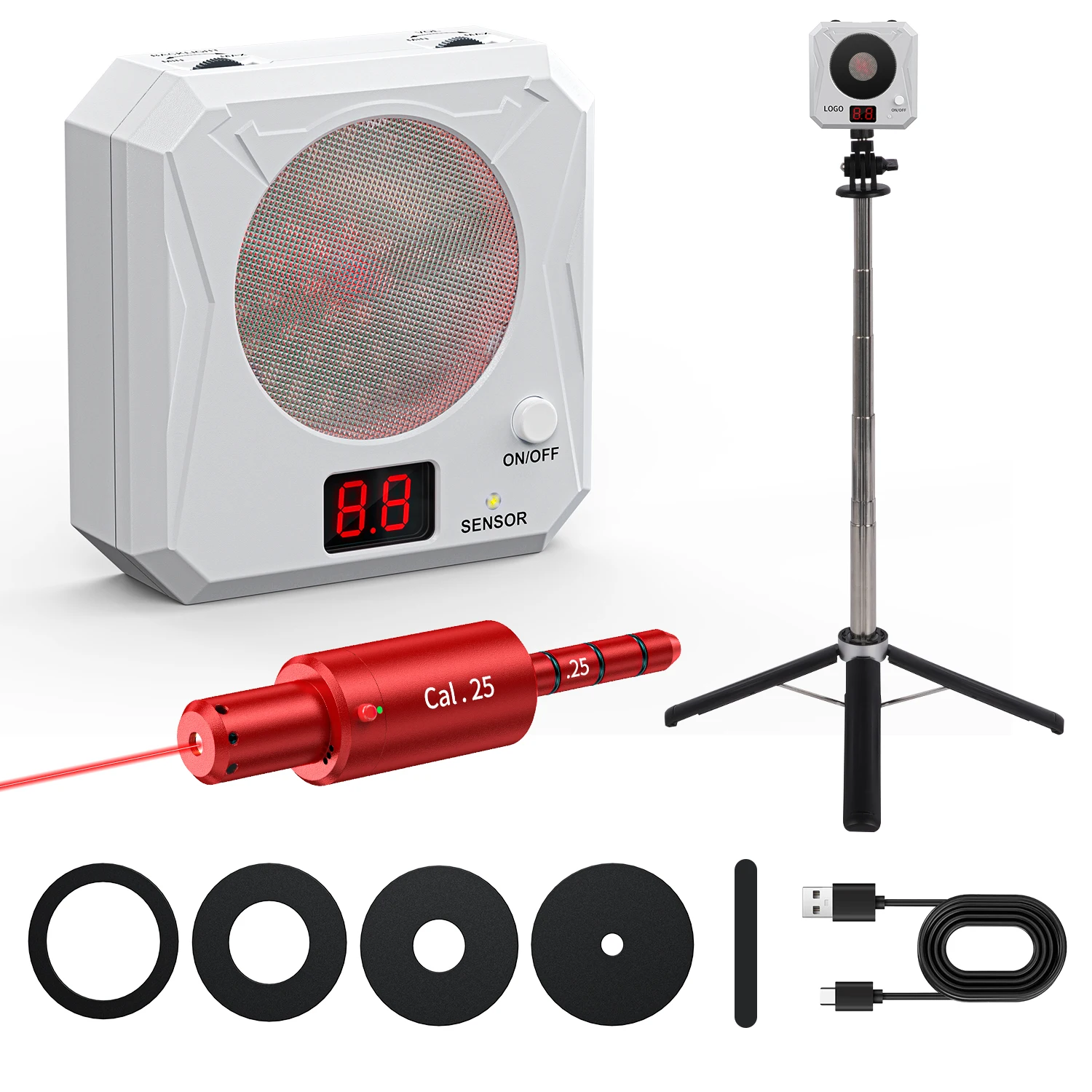 

. 25 Dual purpose training calibrator, infrared electronic scoring laser target, with electronic target holder