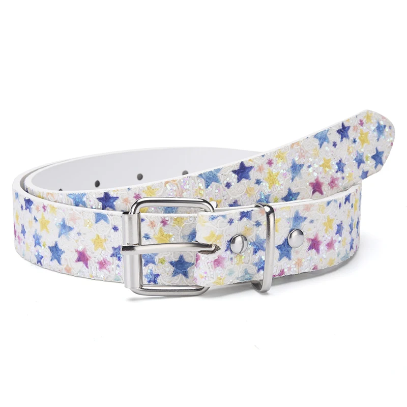 Women's Y2K Design Colorful Star Print Pin Buckle Belt, Niche Ins Style Casual Leather Belt, Fashion All-match Jeans Waist Strap