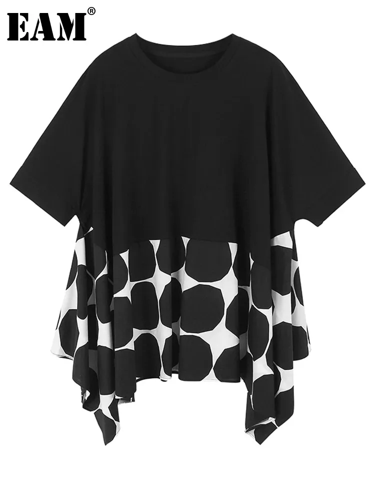 

[EAM] Women Black Dot Printed Irregular Big Size T-shirt New Round Neck Half Sleeve Fashion Tide Spring Summer 2024 1DH4996