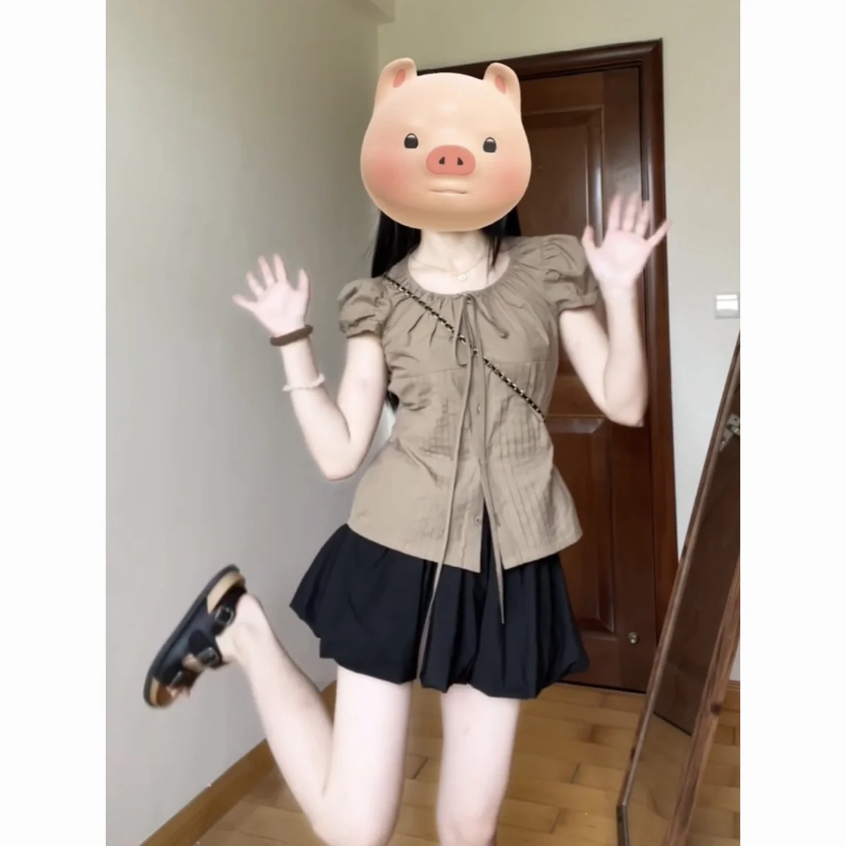 

Short Sleeve Shirts Womens Cotton Patchwork Pintuck Slim Fit Art Space Modern Urban Student Youthful Artistic Gathering Trendy