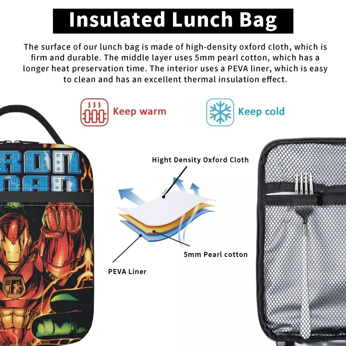 Iron Man Vol. 2 Comic Insulated Lunch Bag Large Reusable Cooler Bag Tote Lunch Box Beach Picnic Girl Boy