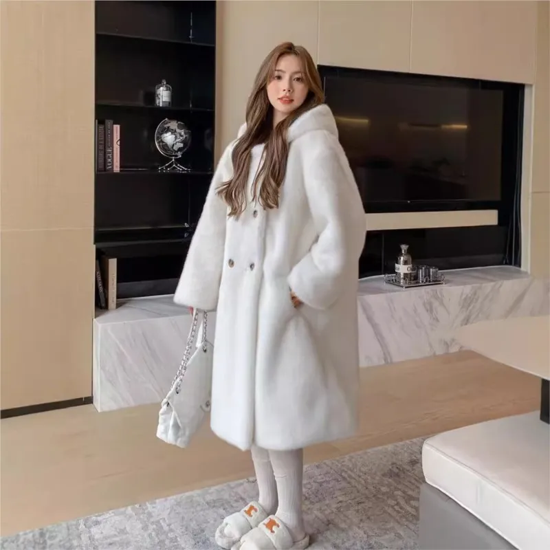 معطف فرو مختلط بغطاء للرأس ممتد جديد للنساء فضفاض عصري