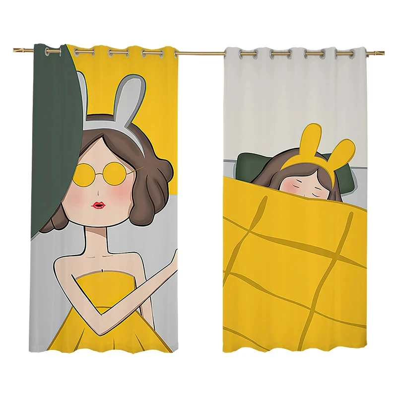 Nordic Simple Ins Cartoon High Shading Curtain Girls Children's Room Personality Creative Girl Bedroom Blackout Curtain 2 Panels