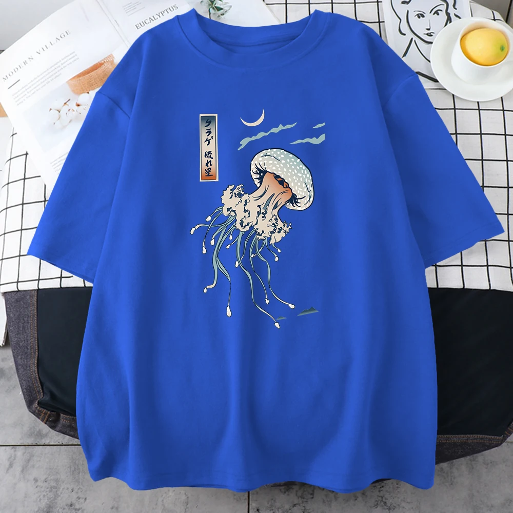 Summer Men's Casual Jellyfish Print Round Neck Short Sleeved 100% Pure Cotton Neutral Outdoor Soft Sports Breathable T-shirt
