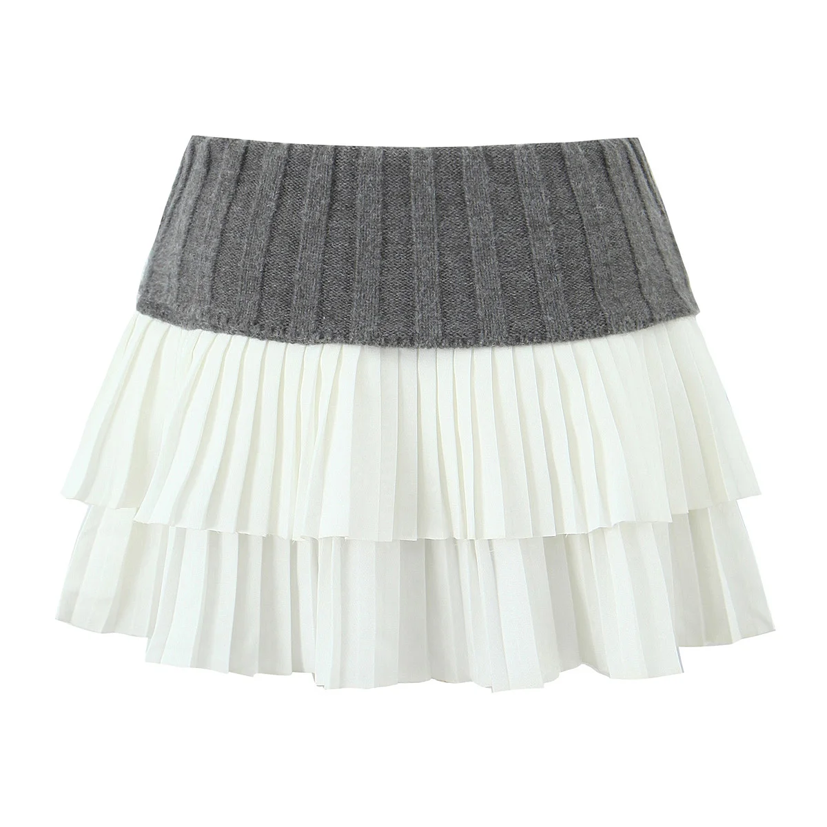 2024 Y2K Women Contrast Color Knitted Spliced Chiffon Ruched Pleated Mini Skirt Elastic Waist A-line Short Saia Skirt Cool Girl