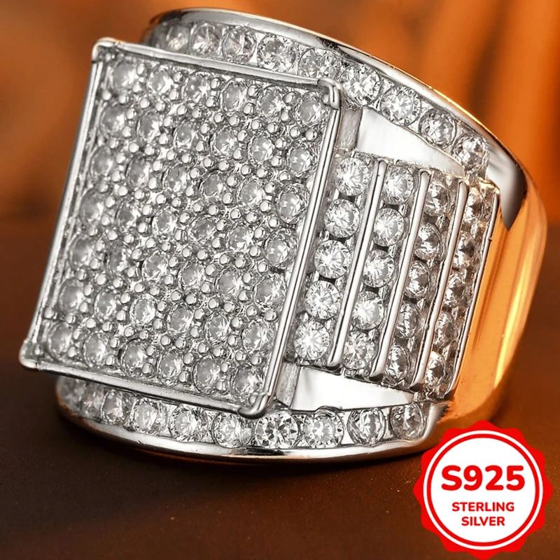 Heavy Industry Luxury Authentic S925 Silver Wide Face Full Diamond Personalized Trendy and Cool Men's Ring