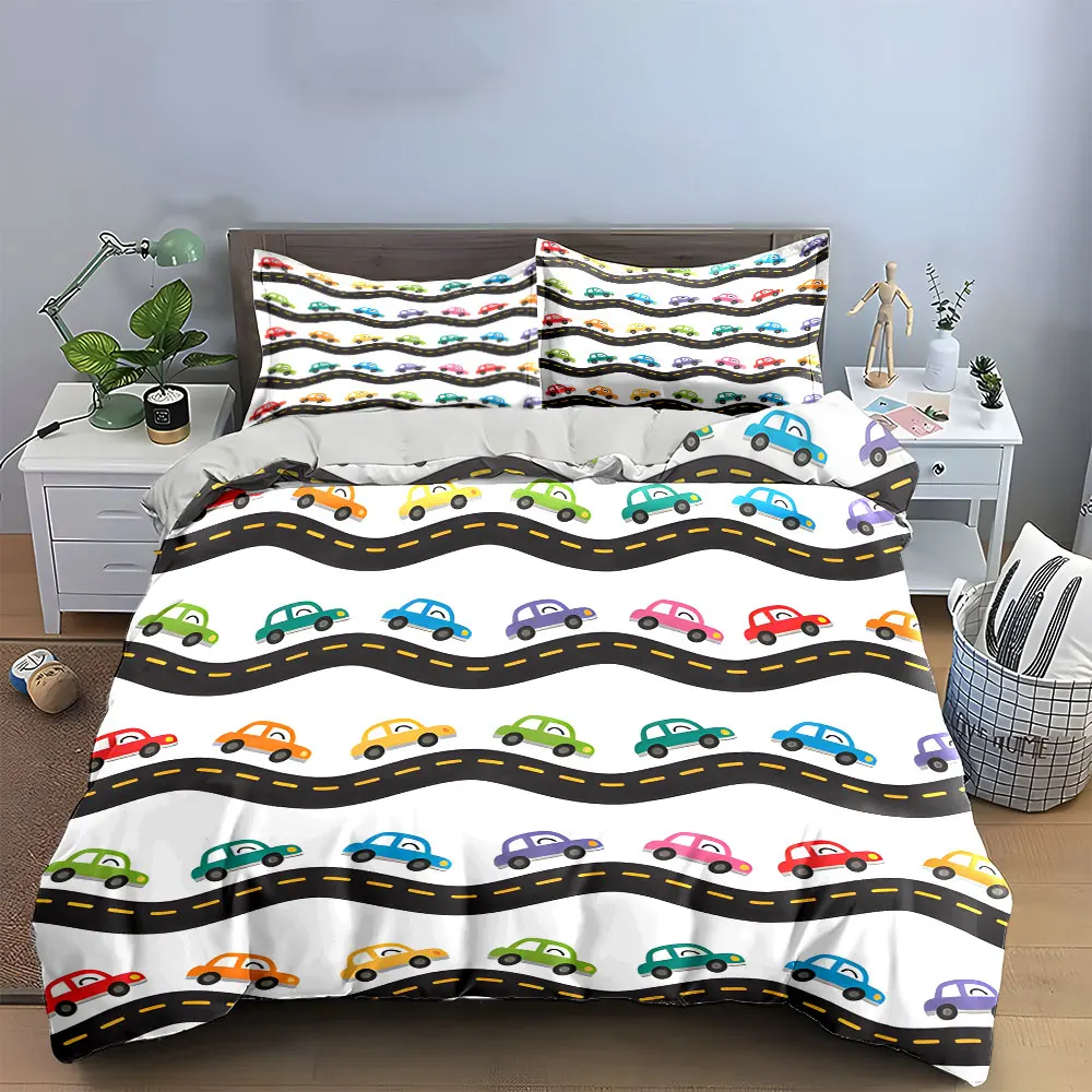 Cute Colorful Cartoon Car Road Bedding Set,Wavy Highway Automobile Print1 Duvet Cover 2 Pillowcase,Soft Microfiber 3PC For Kids
