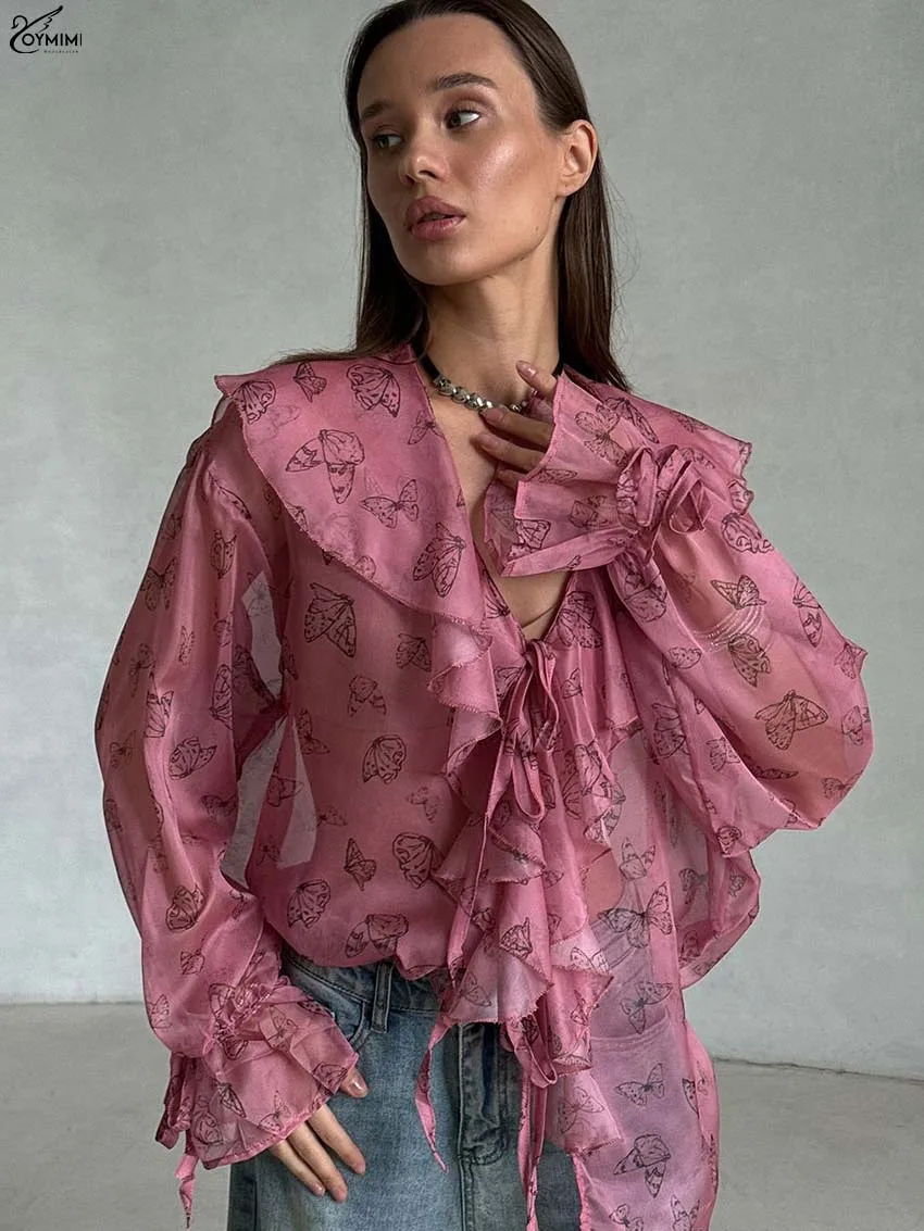 Oymimi Fashion Deep Pink Print Women's Shirt Elegant V-Neck Ruffled Long Sleeve Blouses Autumn Translucent Lace-Up Shits Female