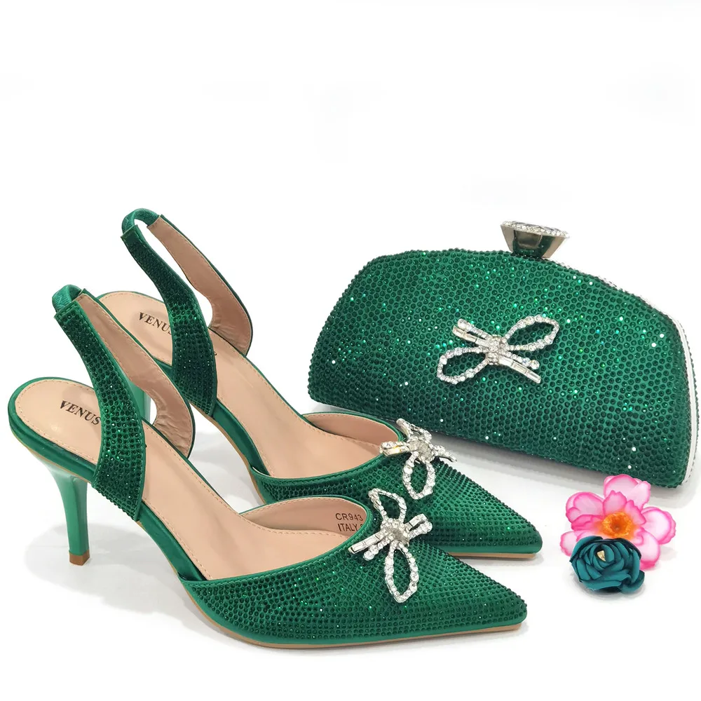 

New Arrival Italian Design CR943-Green Color Woman Shoes And Bag Set African Mid Heels Shoes And Matching Bag For Wedding