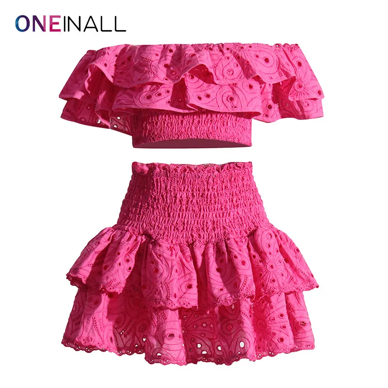 

Oeninall Solid Two Piece Sets For Women Slash Neck Short Sleeve Crop Top High Waist Mini Skirt Spliced Ruffles Casual Set Female