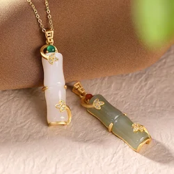 Ancient gold craft inlaid natural Hetian white jade bamboo pendant necklace Chinese style retro charm women's jewelry