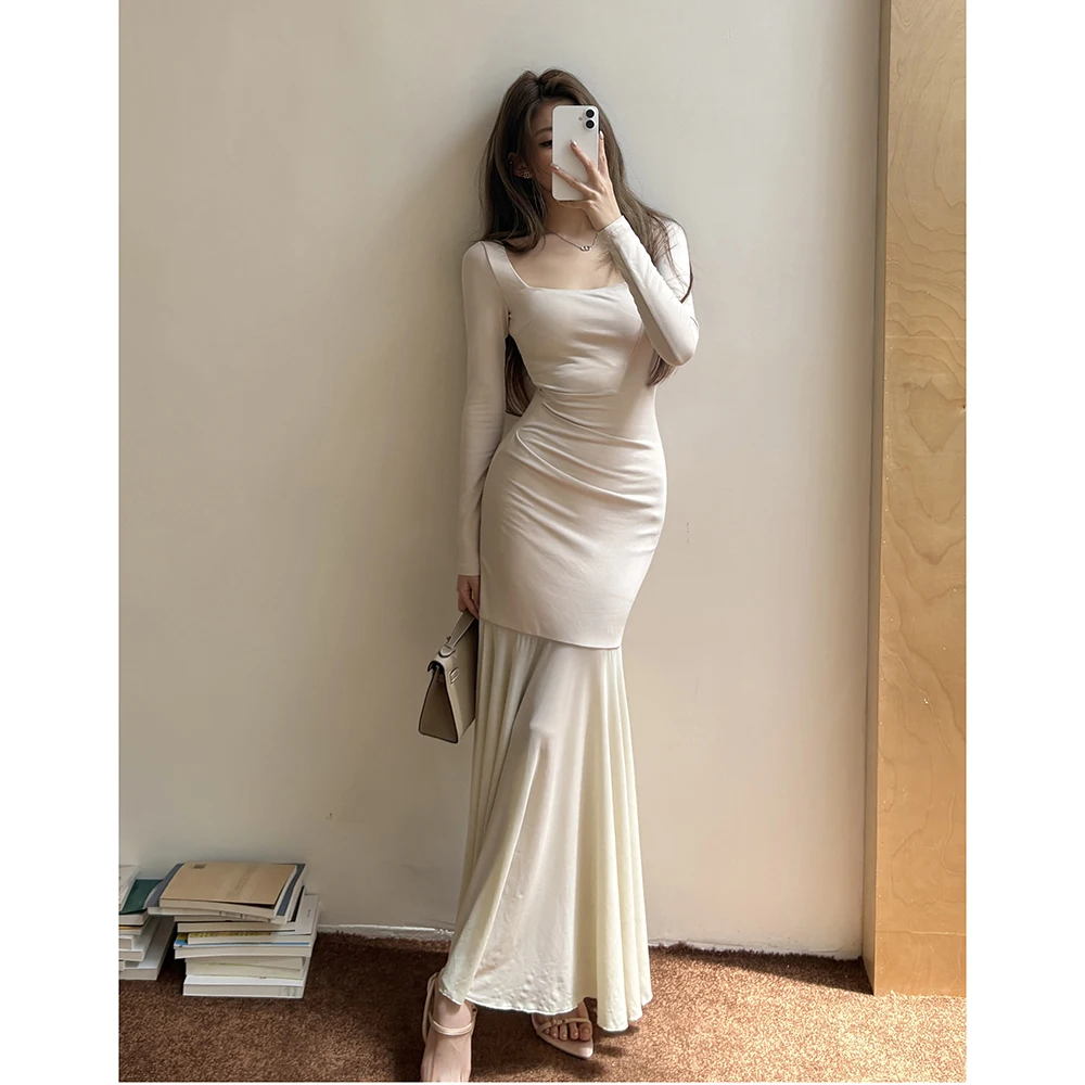 جديد 2025 الخريف الفرنسية الربط حورية البحر فساتين طويلة السيدات أنيقة طويلة الأكمام حفلة عادية موضة فستان الحفلات ملابس امرأة