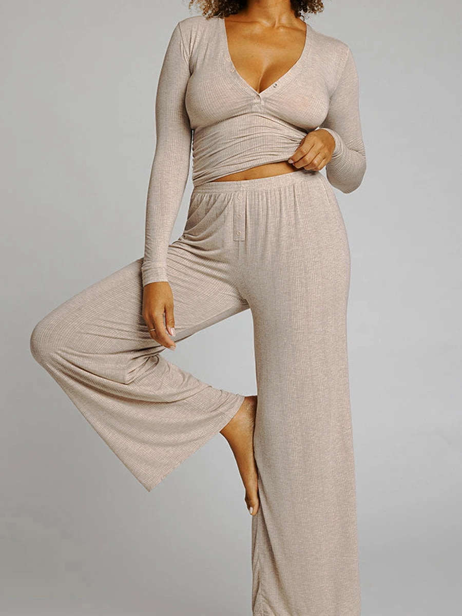 

Women 2 Pieces Pants Set Casual Long Sleeve V Neck Slim Fit Basic Shirt with Elastic Waist Wide Leg Pants Autumn Outfits Daily