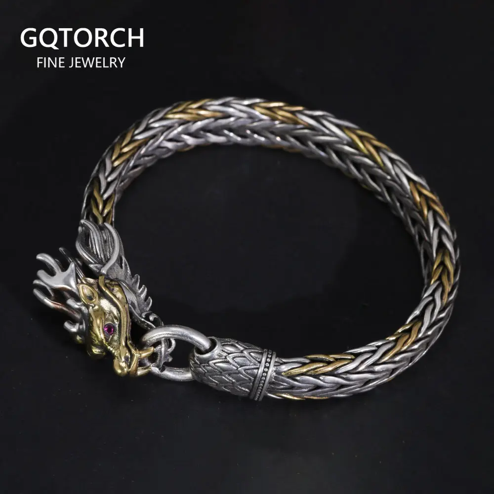 Pulsera de dragón Vintage de Plata de Ley 925, pulsera trenzada hecha a mano para hombres, joyería fina vikinga de plata tailandesa