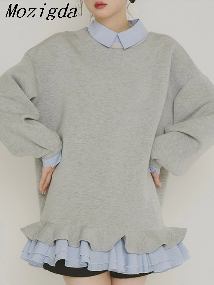 

Fake Two Piece Patchwork Shirt Sweater Women Korean Loose Long Sleeves Contrast Sweatshirt Pullover Ruffles Design Ladies Tops